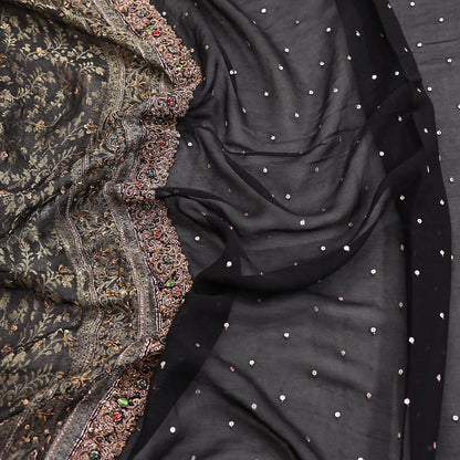Indian Vintage Black Dupatta Long Stole Pure Georgette Silk Hand Woven Brocade Scarves Veil Scarf Wrap Hippie Boho Soft Floral