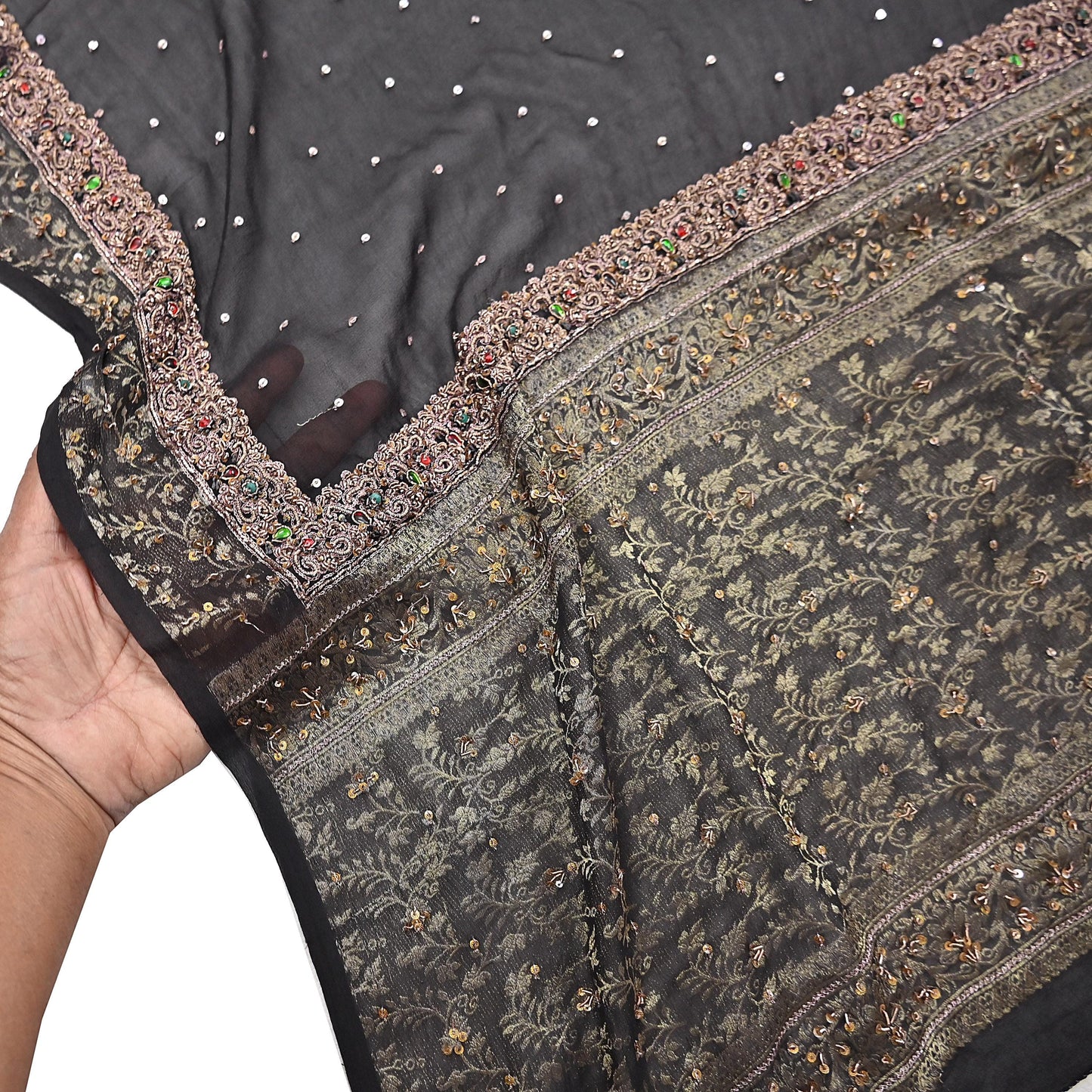 Indian Vintage Black Dupatta Long Stole Pure Georgette Silk Hand Woven Brocade Scarves Veil Scarf Wrap Hippie Boho Soft Floral