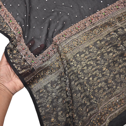 Indian Vintage Black Dupatta Long Stole Pure Georgette Silk Hand Woven Brocade Scarves Veil Scarf Wrap Hippie Boho Soft Floral