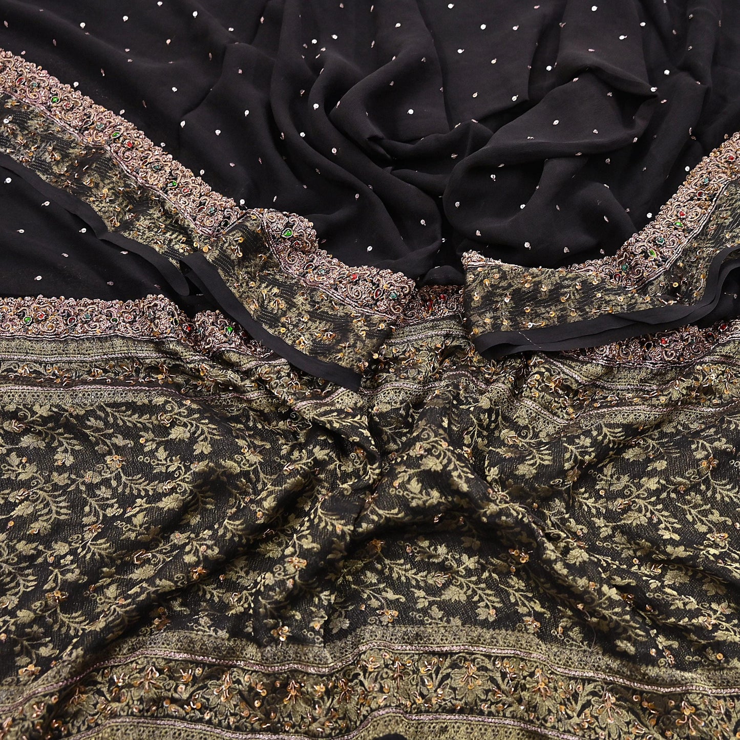 Indian Vintage Black Dupatta Long Stole Pure Georgette Silk Hand Woven Brocade Scarves Veil Scarf Wrap Hippie Boho Soft Floral