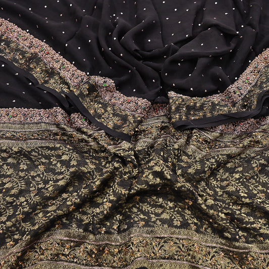 Indian Vintage Black Dupatta Long Stole Pure Georgette Silk Hand Woven Brocade Scarves Veil Scarf Wrap Hippie Boho Soft Floral