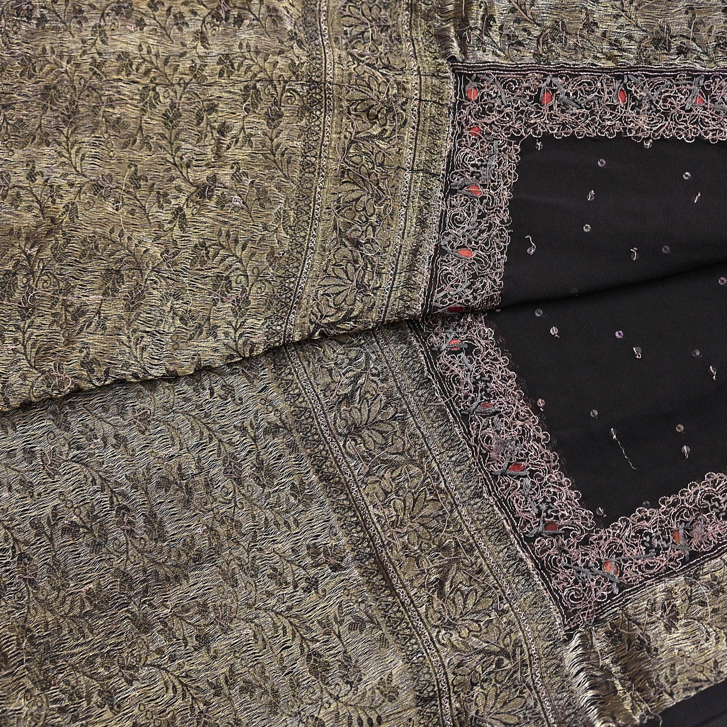 Indian Vintage Black Dupatta Long Stole Pure Georgette Silk Hand Woven Brocade Scarves Veil Scarf Wrap Hippie Boho Soft Floral