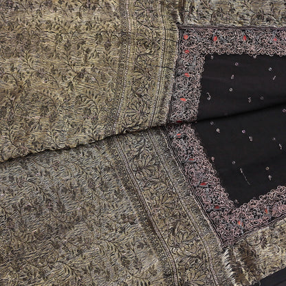 Indian Vintage Black Dupatta Long Stole Pure Georgette Silk Hand Woven Brocade Scarves Veil Scarf Wrap Hippie Boho Soft Floral