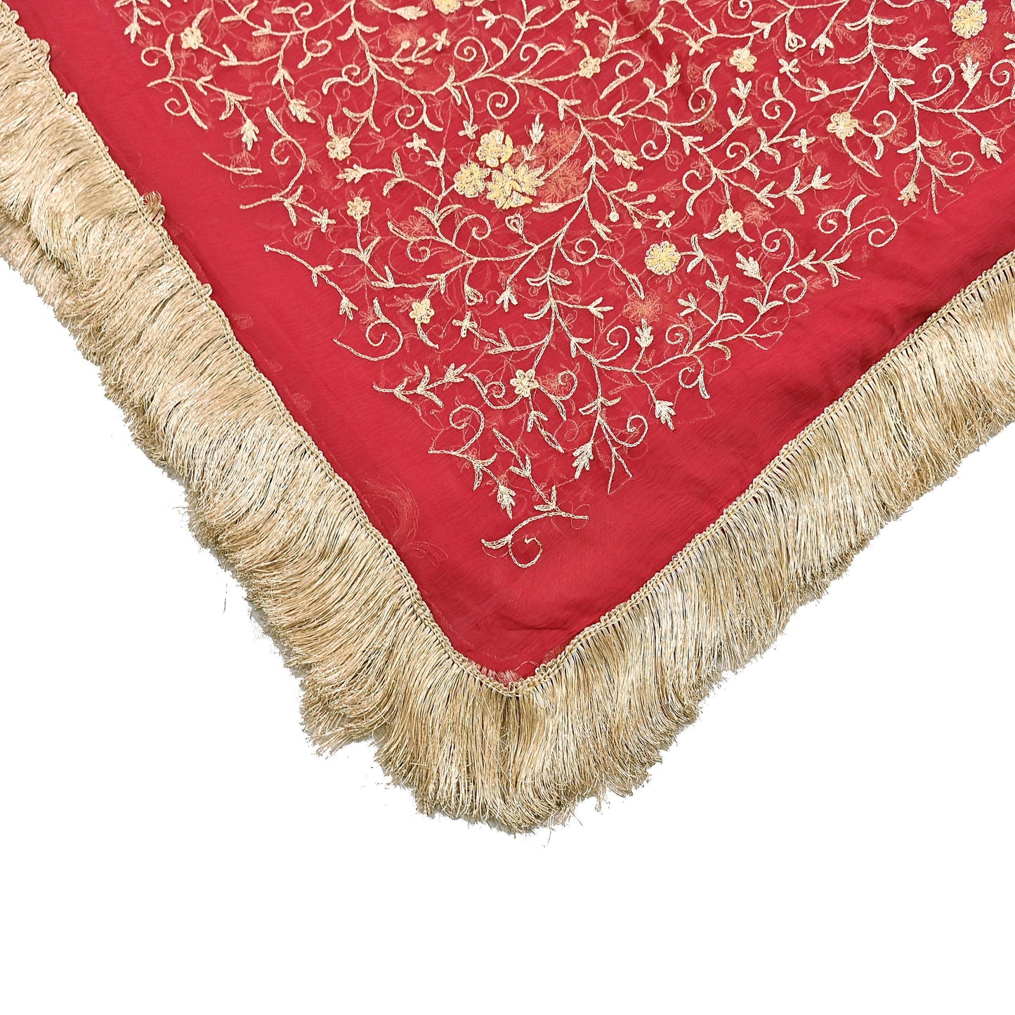 Indian Vintage Heavy Red Dupatta Pure Chiffon silk Long Stole Hand Embroidered Scarves Floral Design Stole Veil Wrap Zari Zardozi fringes