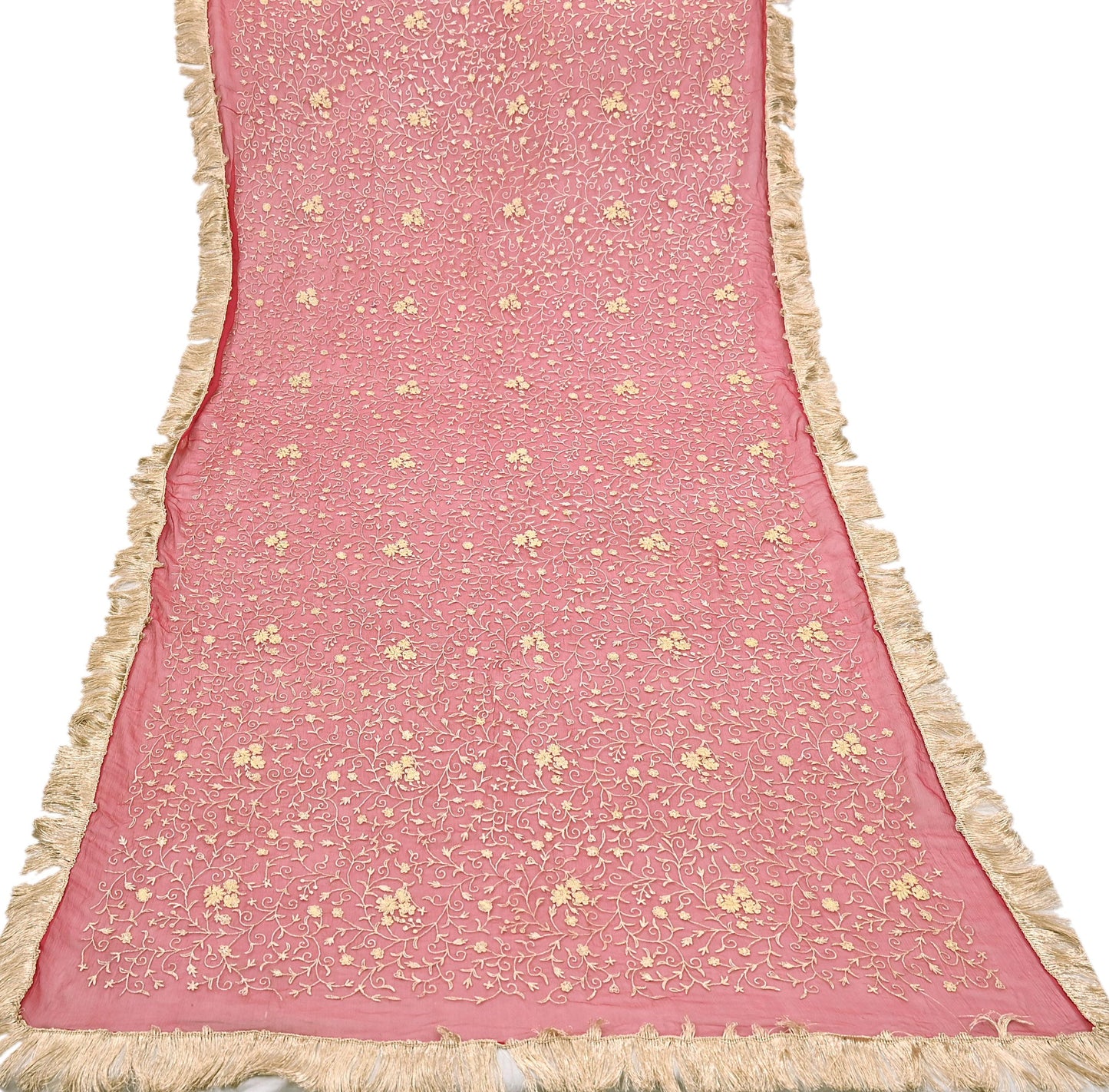 Indian Vintage Heavy Red Dupatta Pure Chiffon silk Long Stole Hand Embroidered Scarves Floral Design Stole Veil Wrap Zari Zardozi fringes