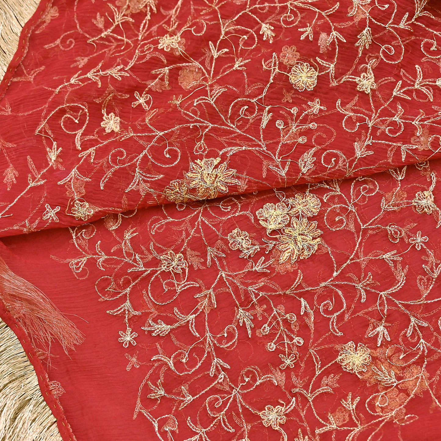 Indian Vintage Heavy Red Dupatta Pure Chiffon silk Long Stole Hand Embroidered Scarves Floral Design Stole Veil Wrap Zari Zardozi fringes