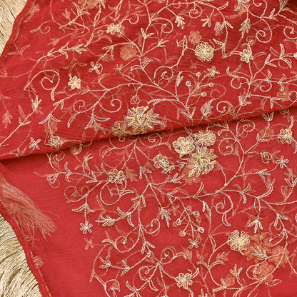 Indian Vintage Heavy Red Dupatta Pure Chiffon silk Long Stole Hand Embroidered Scarves Floral Design Stole Veil Wrap Zari Zardozi fringes