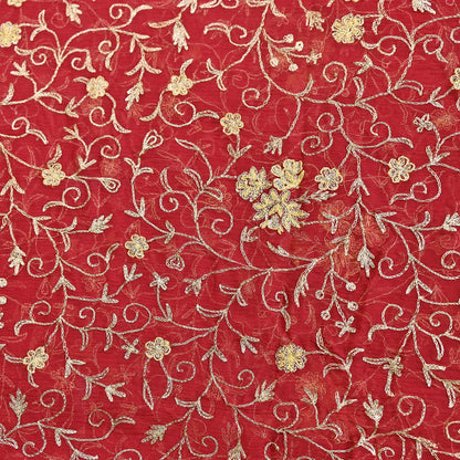 Indian Vintage Heavy Red Dupatta Pure Chiffon silk Long Stole Hand Embroidered Scarves Floral Design Stole Veil Wrap Zari Zardozi fringes