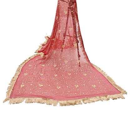 Indian Vintage Heavy Red Dupatta Pure Chiffon silk Long Stole Hand Embroidered Scarves Floral Design Stole Veil Wrap Zari Zardozi fringes