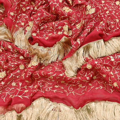 Indian Vintage Heavy Red Dupatta Pure Chiffon silk Long Stole Hand Embroidered Scarves Floral Design Stole Veil Wrap Zari Zardozi fringes
