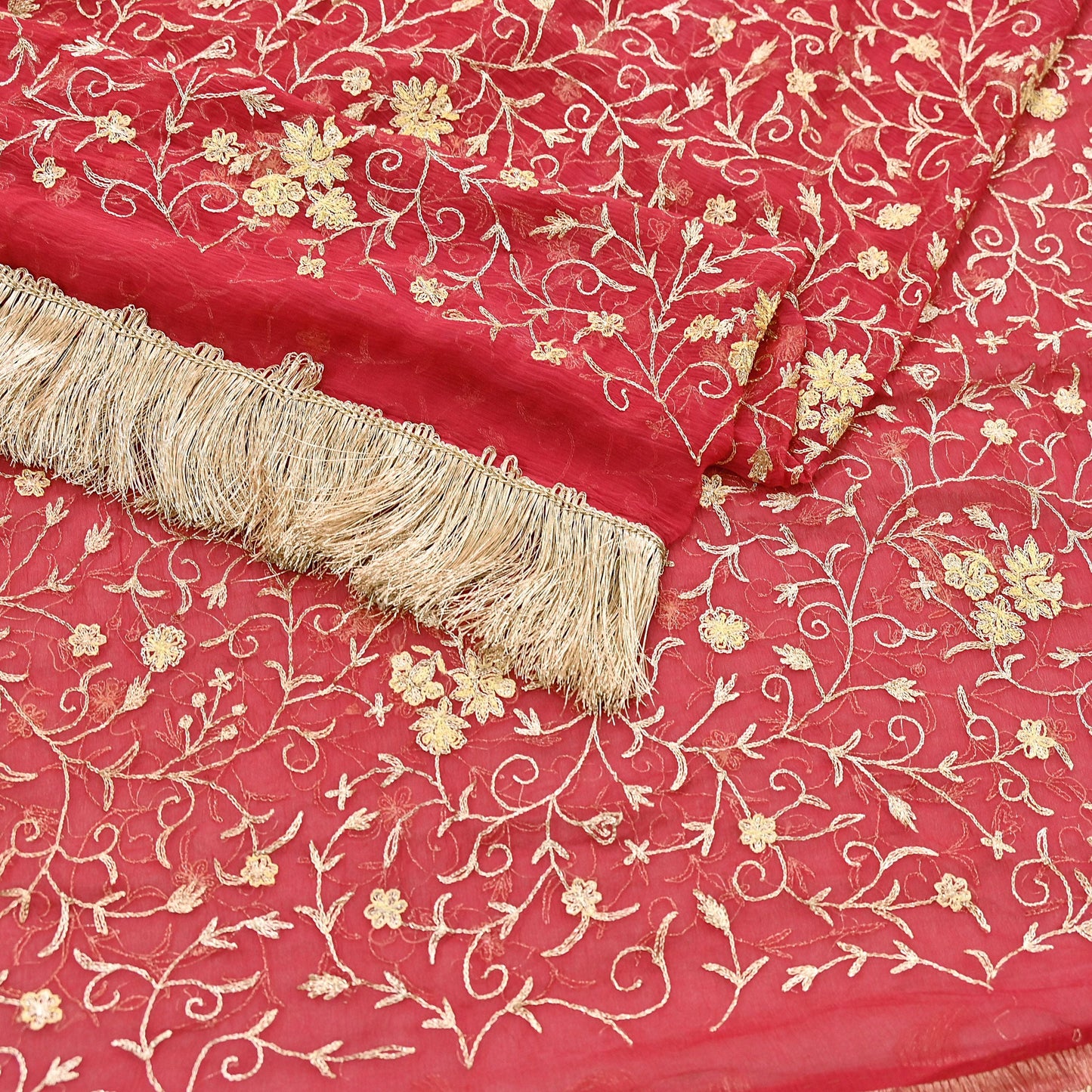Indian Vintage Heavy Red Dupatta Pure Chiffon silk Long Stole Hand Embroidered Scarves Floral Design Stole Veil Wrap Zari Zardozi fringes