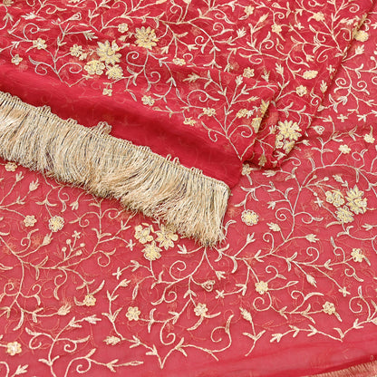 Indian Vintage Heavy Red Dupatta Pure Chiffon silk Long Stole Hand Embroidered Scarves Floral Design Stole Veil Wrap Zari Zardozi fringes