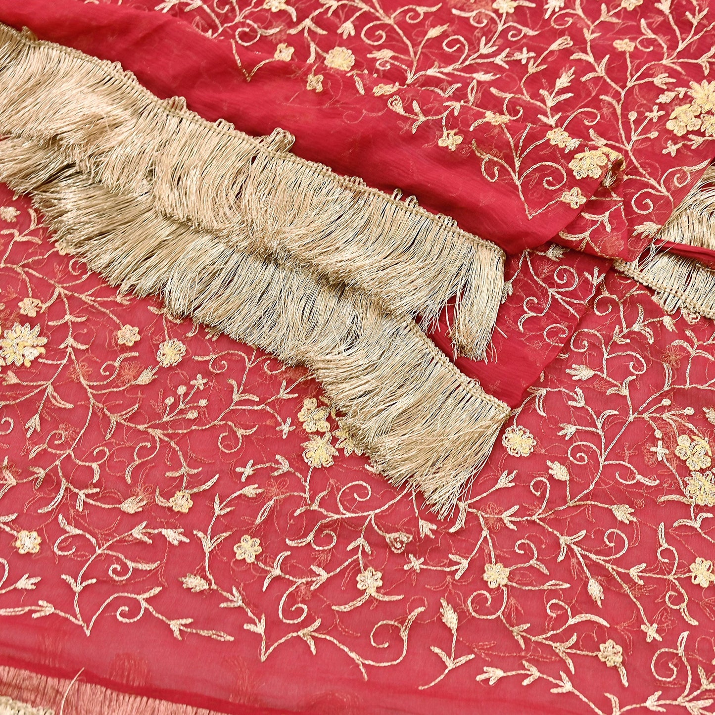 Indian Vintage Heavy Red Dupatta Pure Chiffon silk Long Stole Hand Embroidered Scarves Floral Design Stole Veil Wrap Zari Zardozi fringes