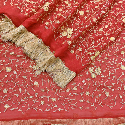 Indian Vintage Heavy Red Dupatta Pure Chiffon silk Long Stole Hand Embroidered Scarves Floral Design Stole Veil Wrap Zari Zardozi fringes