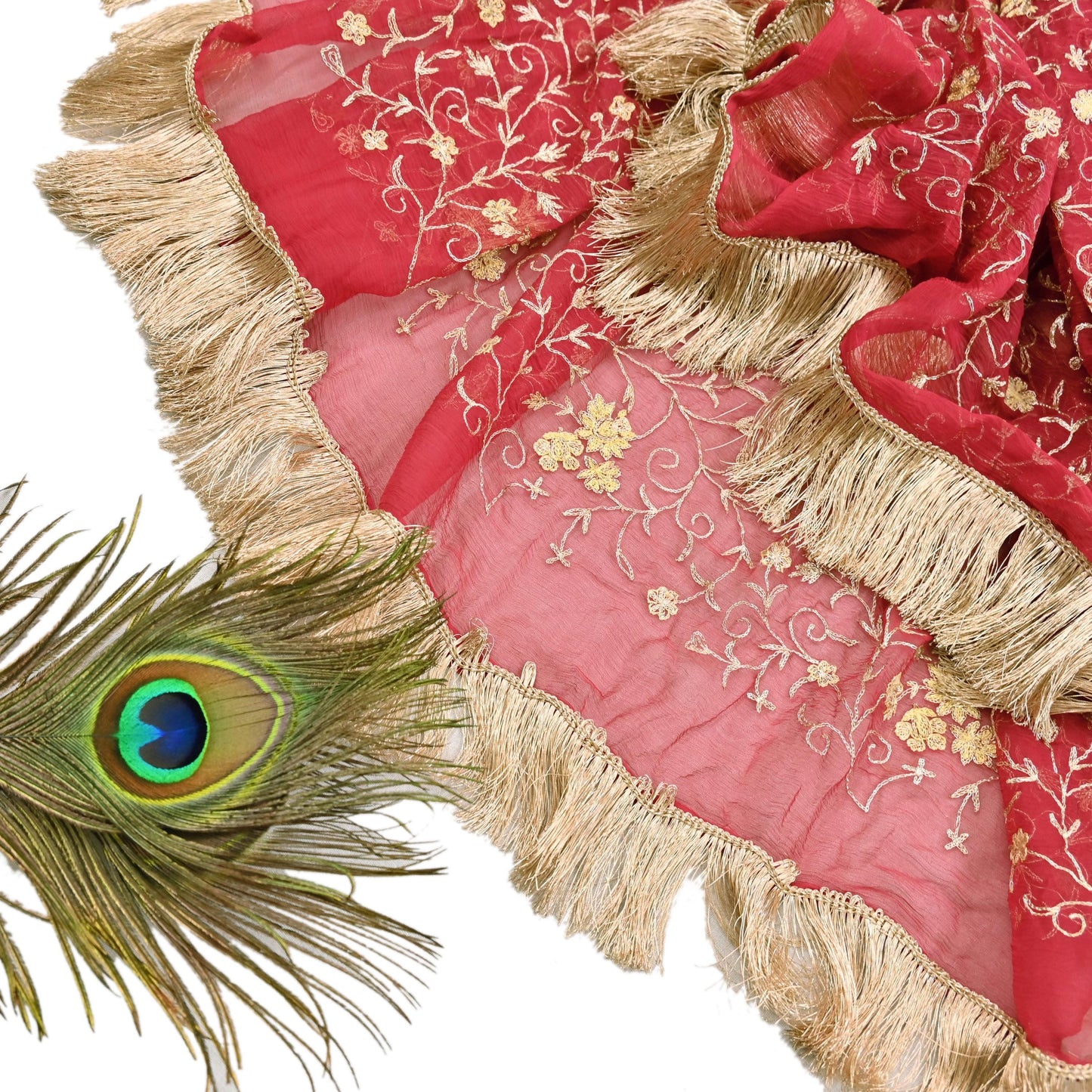 Indian Vintage Heavy Red Dupatta Pure Chiffon silk Long Stole Hand Embroidered Scarves Floral Design Stole Veil Wrap Zari Zardozi fringes