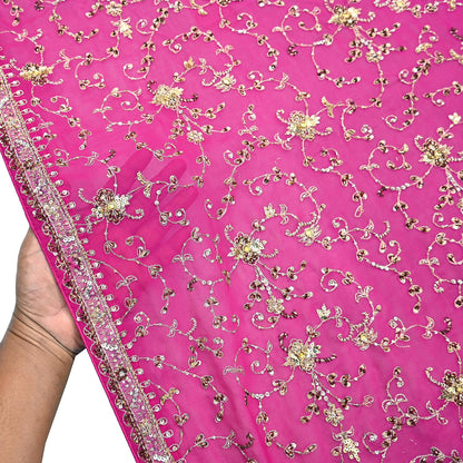 Indian Vintage Heavy Magenta Dupatta Pure Georgette Silk Long Stole Hand Embroidered Scarf Zardozi/Dabka