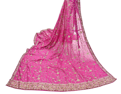 Indian Vintage Heavy Magenta Dupatta Pure Georgette Silk Long Stole Hand Embroidered Scarf Zardozi/Dabka