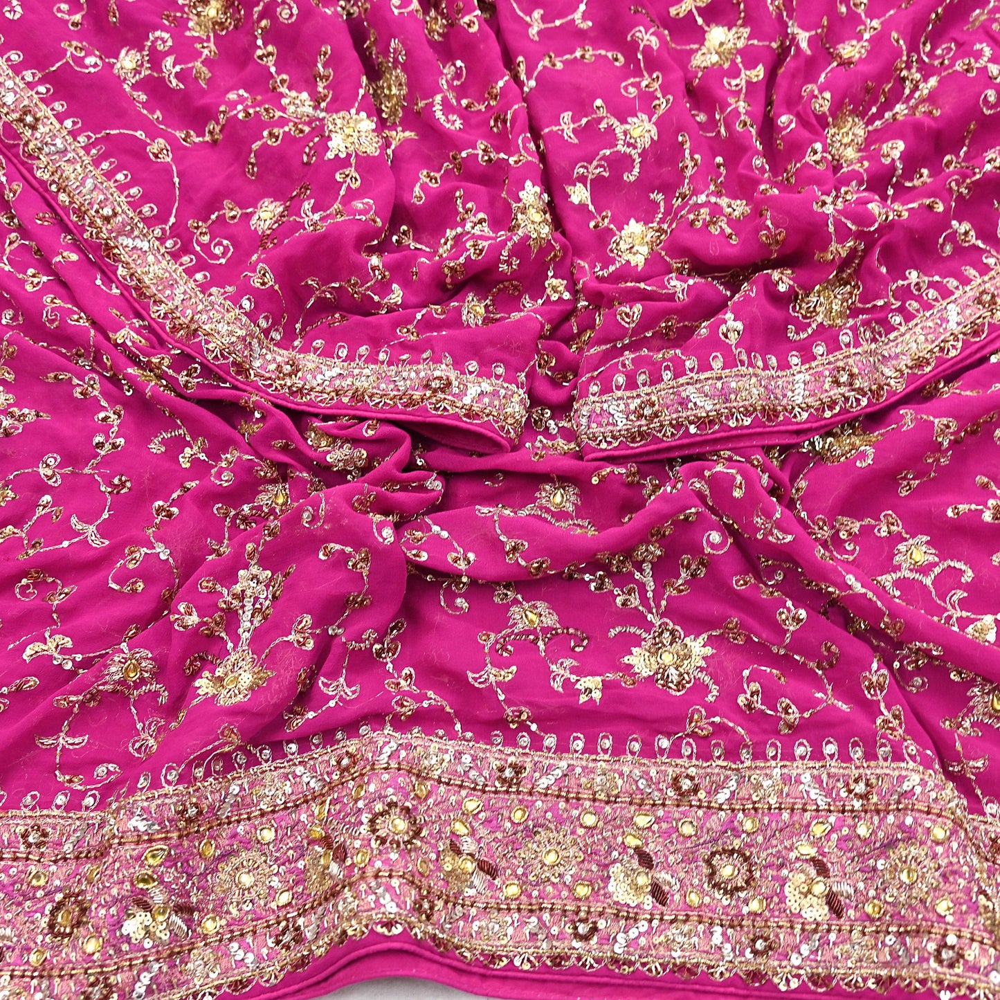 Indian Vintage Heavy Magenta Dupatta Pure Georgette Silk Long Stole Hand Embroidered Scarf Zardozi/Dabka