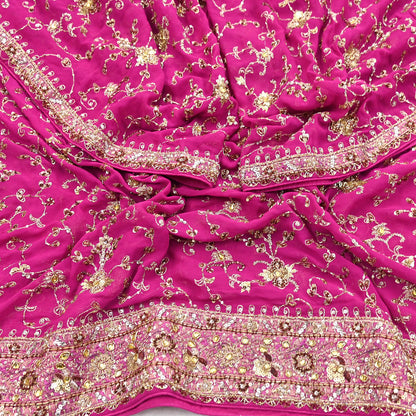 Indian Vintage Heavy Magenta Dupatta Pure Georgette Silk Long Stole Hand Embroidered Scarf Zardozi/Dabka