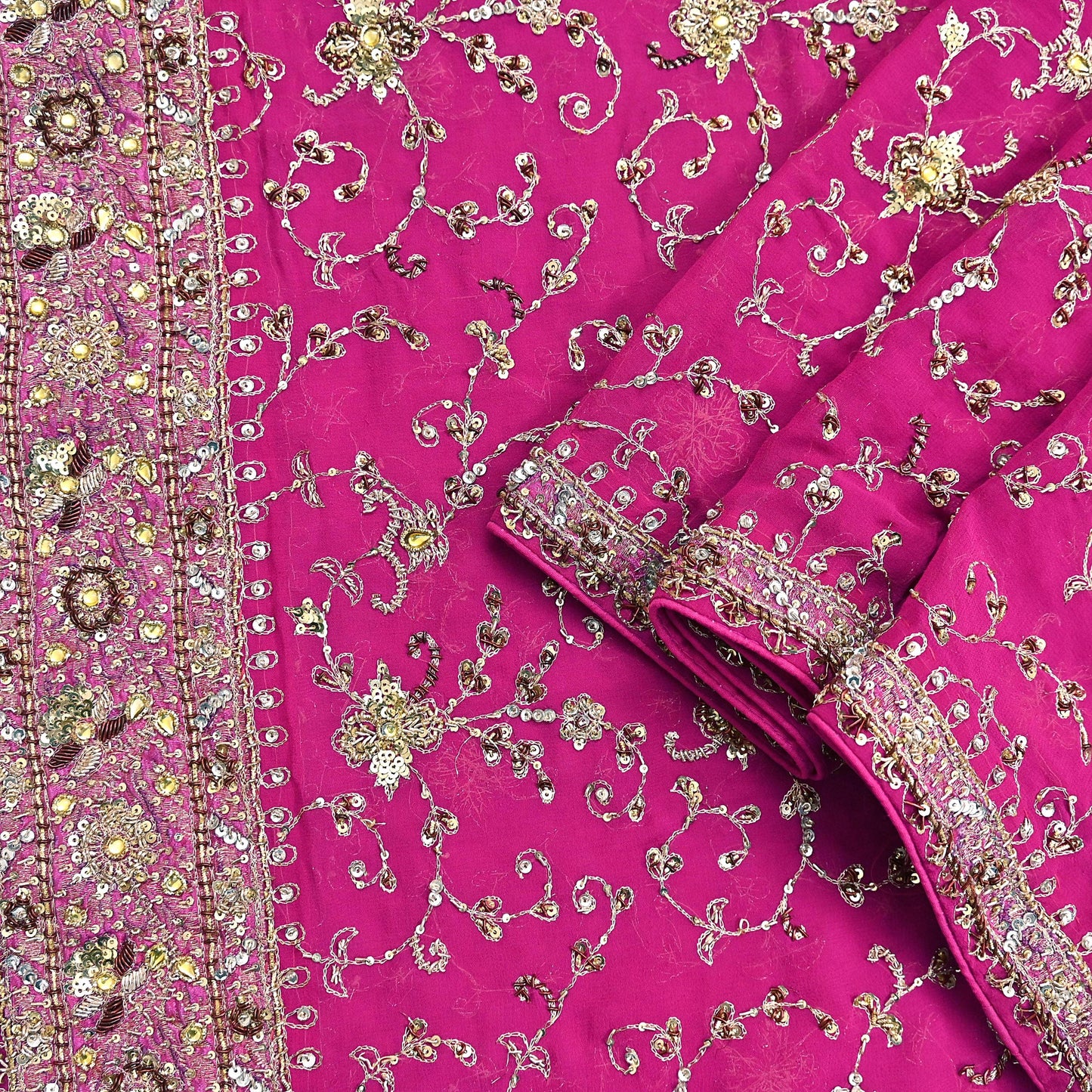 Indian Vintage Heavy Magenta Dupatta Pure Georgette Silk Long Stole Hand Embroidered Scarf Zardozi/Dabka