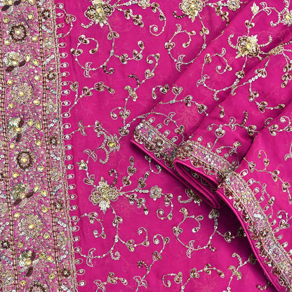 Indian Vintage Heavy Magenta Dupatta Pure Georgette Silk Long Stole Hand Embroidered Scarf Zardozi/Dabka