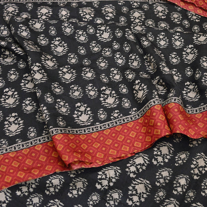 Indian Vintage Black Saree Pure Khadi Silk Handloom Printed Sari Fabric 6yd Ethnic Wear Sari Floral Designs Dress making Crafting