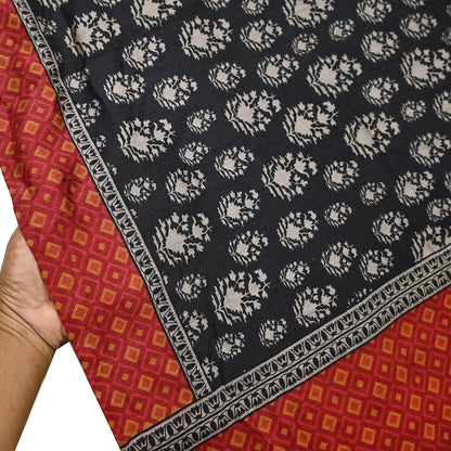 Indian Vintage Black Saree Pure Khadi Silk Handloom Printed Sari Fabric 6yd Ethnic Wear Sari Floral Designs Dress making Crafting