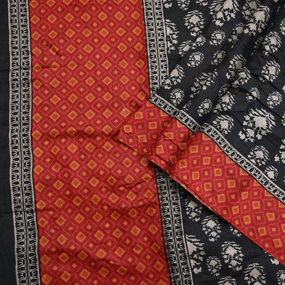 Indian Vintage Black Saree Pure Khadi Silk Handloom Printed Sari Fabric 6yd Ethnic Wear Sari Floral Designs Dress making Crafting