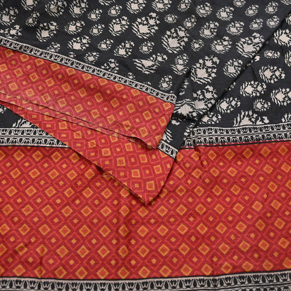 Indian Vintage Black Saree Pure Khadi Silk Handloom Printed Sari Fabric 6yd Ethnic Wear Sari Floral Designs Dress making Crafting