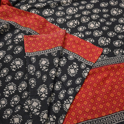Indian Vintage Black Saree Pure Khadi Silk Handloom Printed Sari Fabric 6yd Ethnic Wear Sari Floral Designs Dress making Crafting