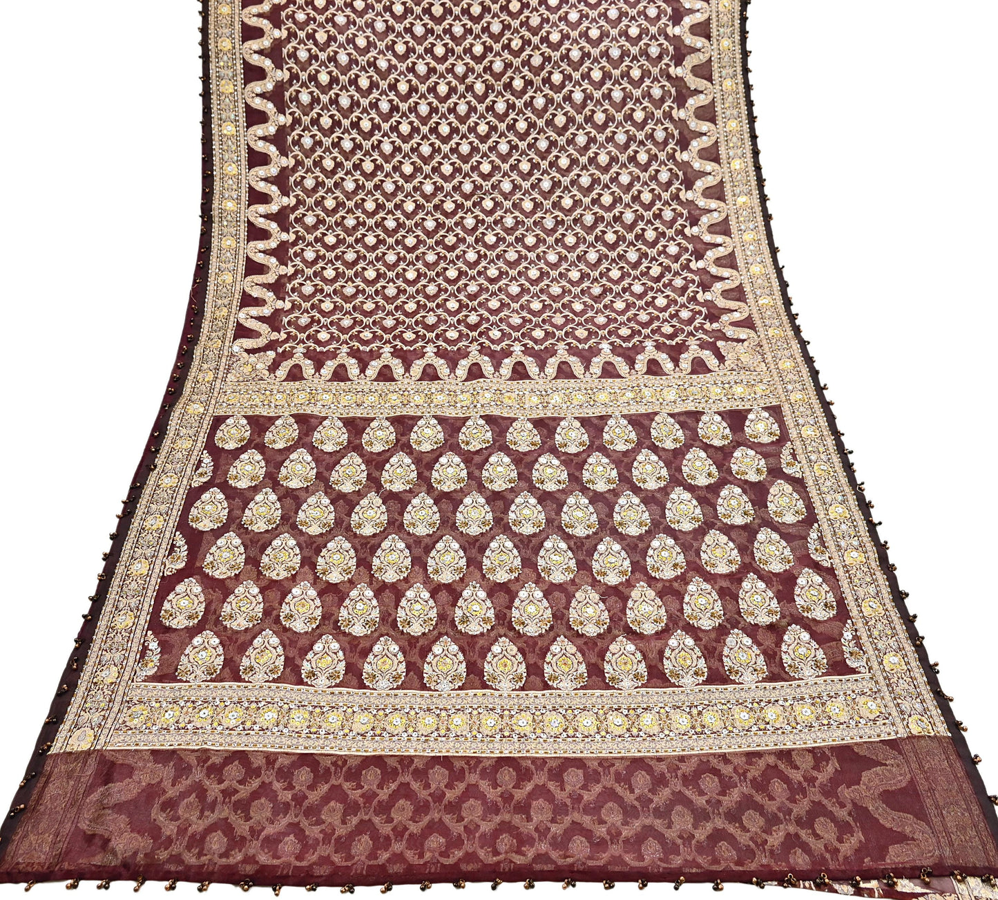 Indian Vintage Sari Maroon Tissue Hand Embroidered Sarees Craft Fabric 6Yd Sewing Soft Ethnic Zardozi/Zari Dress making Crafting