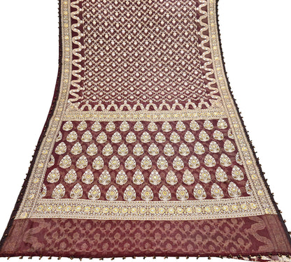 Indian Vintage Sari Maroon Tissue Hand Embroidered Sarees Craft Fabric 6Yd Sewing Soft Ethnic Zardozi/Zari Dress making Crafting
