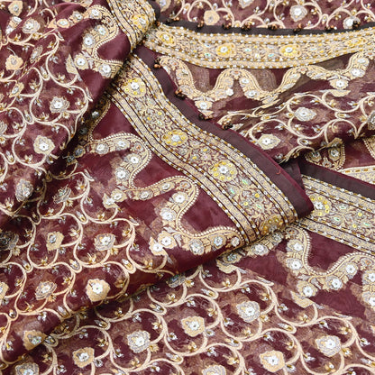 Indian Vintage Sari Maroon Tissue Hand Embroidered Sarees Craft Fabric 6Yd Sewing Soft Ethnic Zardozi/Zari Dress making Crafting