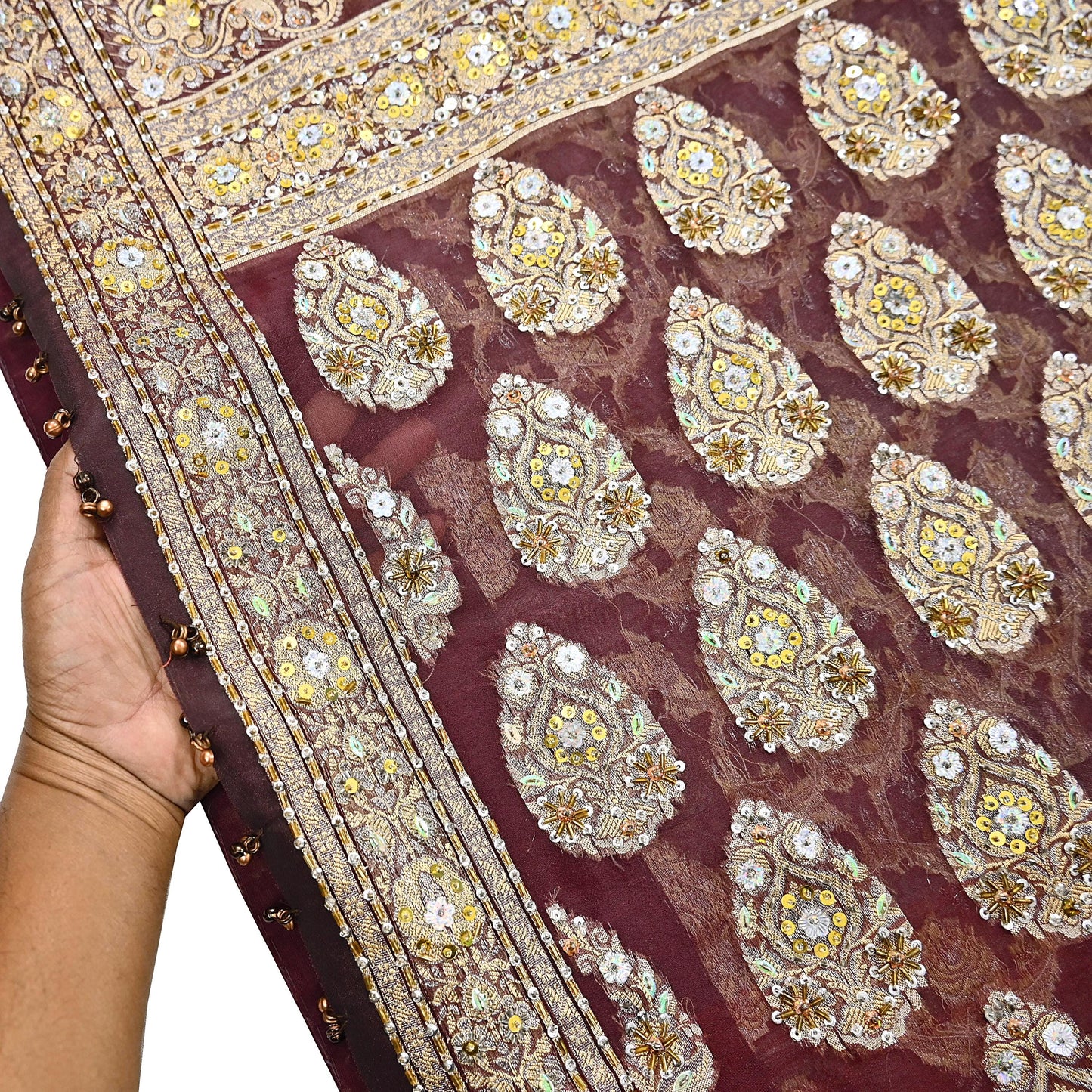 Indian Vintage Sari Maroon Tissue Hand Embroidered Sarees Craft Fabric 6Yd Sewing Soft Ethnic Zardozi/Zari Dress making Crafting