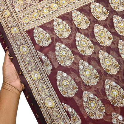 Indian Vintage Sari Maroon Tissue Hand Embroidered Sarees Craft Fabric 6Yd Sewing Soft Ethnic Zardozi/Zari Dress making Crafting