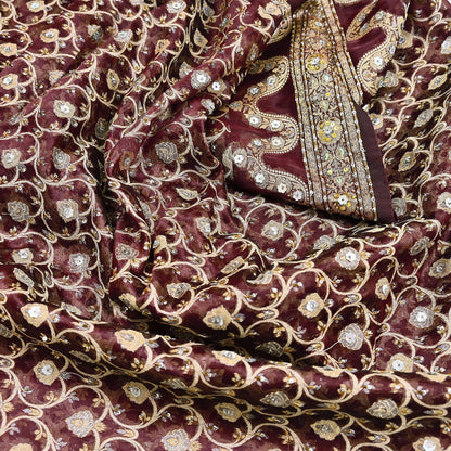 Indian Vintage Sari Maroon Tissue Hand Embroidered Sarees Craft Fabric 6Yd Sewing Soft Ethnic Zardozi/Zari Dress making Crafting