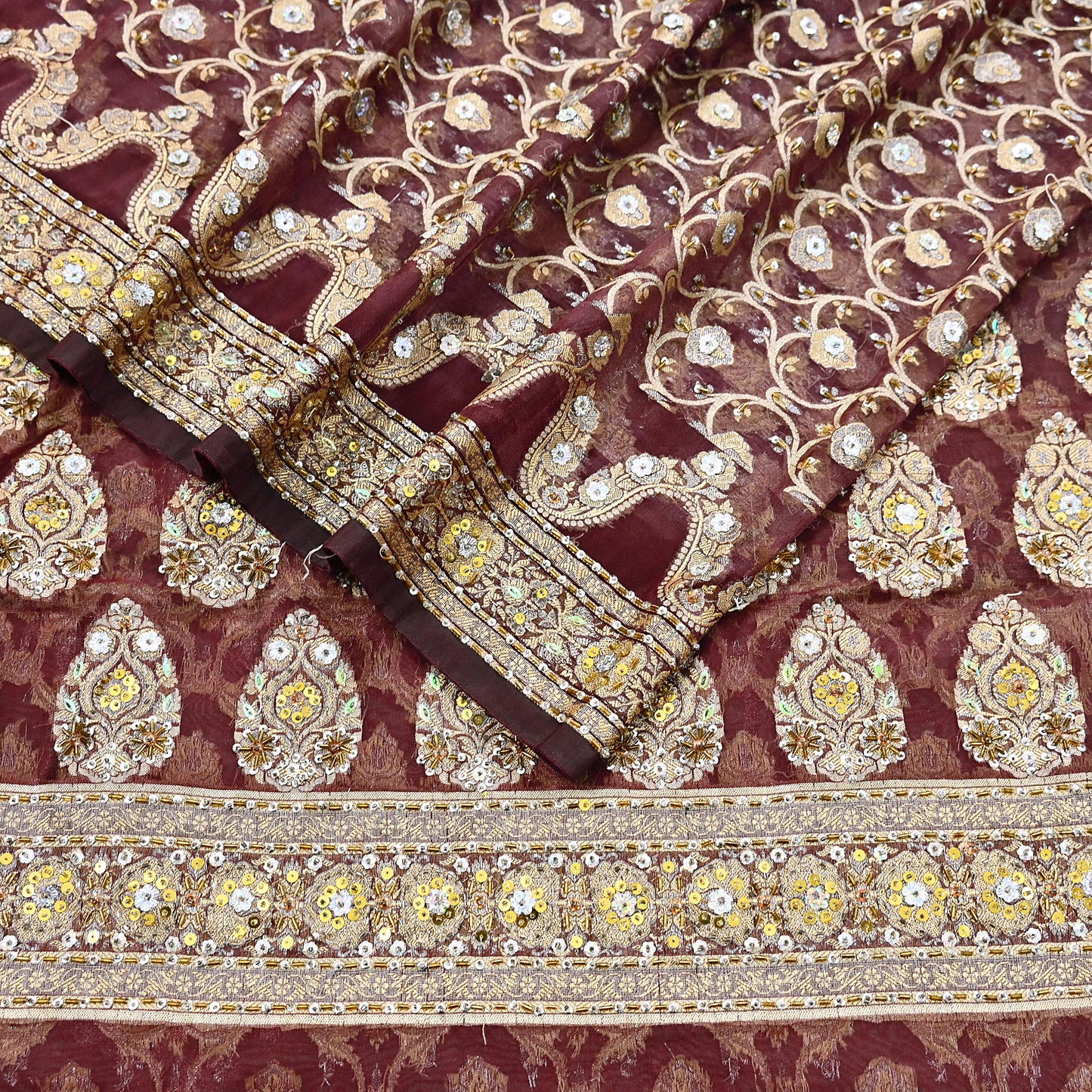 Indian Vintage Sari Maroon Tissue Hand Embroidered Sarees Craft Fabric 6Yd Sewing Soft Ethnic Zardozi/Zari Dress making Crafting
