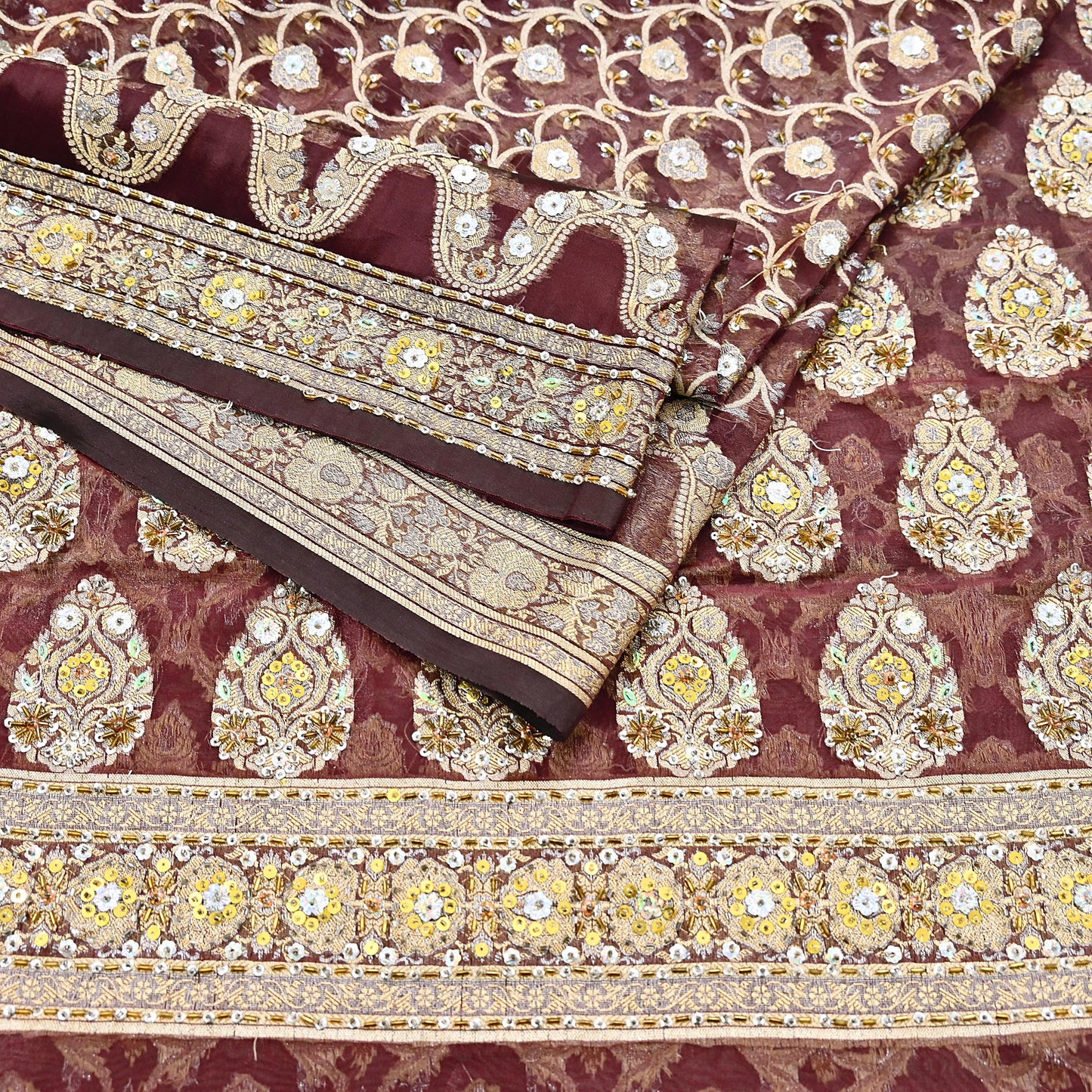 Indian Vintage Sari Maroon Tissue Hand Embroidered Sarees Craft Fabric 6Yd Sewing Soft Ethnic Zardozi/Zari Dress making Crafting