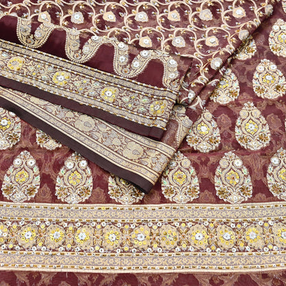 Indian Vintage Sari Maroon Tissue Hand Embroidered Sarees Craft Fabric 6Yd Sewing Soft Ethnic Zardozi/Zari Dress making Crafting