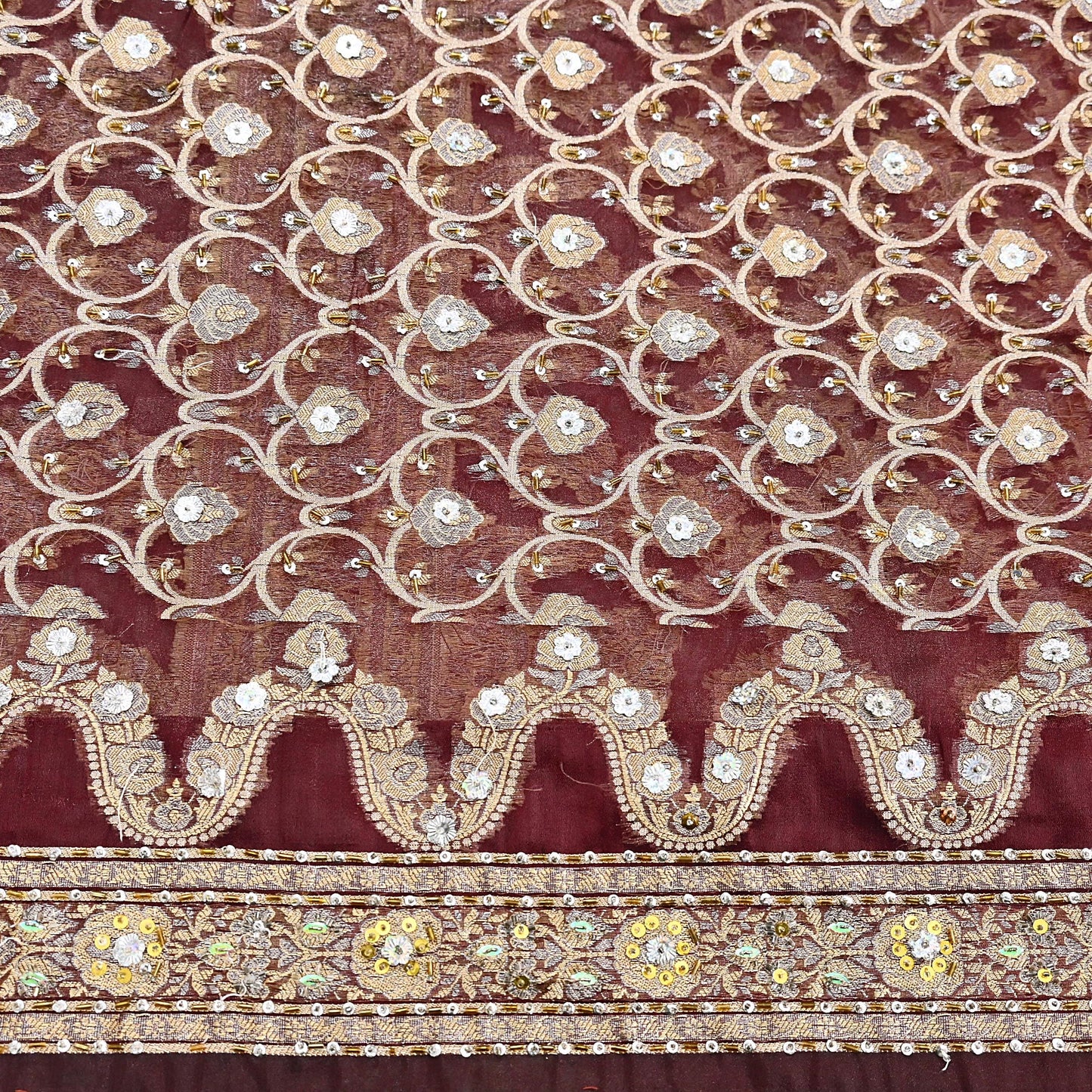 Indian Vintage Sari Maroon Tissue Hand Embroidered Sarees Craft Fabric 6Yd Sewing Soft Ethnic Zardozi/Zari Dress making Crafting
