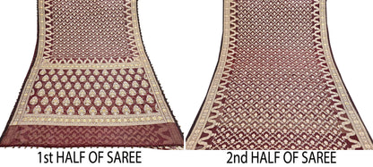 Indian Vintage Sari Maroon Tissue Hand Embroidered Sarees Craft Fabric 6Yd Sewing Soft Ethnic Zardozi/Zari Dress making Crafting