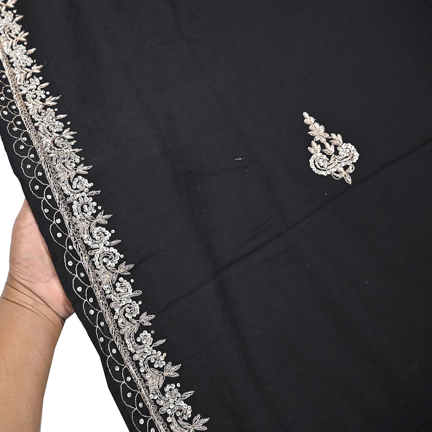 Vintage Shawl Black Pure Woolen Shawl Handmade Embroidered Long Throw Stole Warm Stole Floral Design Zardozi/dabka