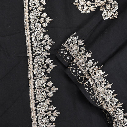 Vintage Shawl Black Pure Woolen Shawl Handmade Embroidered Long Throw Stole Warm Stole Floral Design Zardozi/dabka