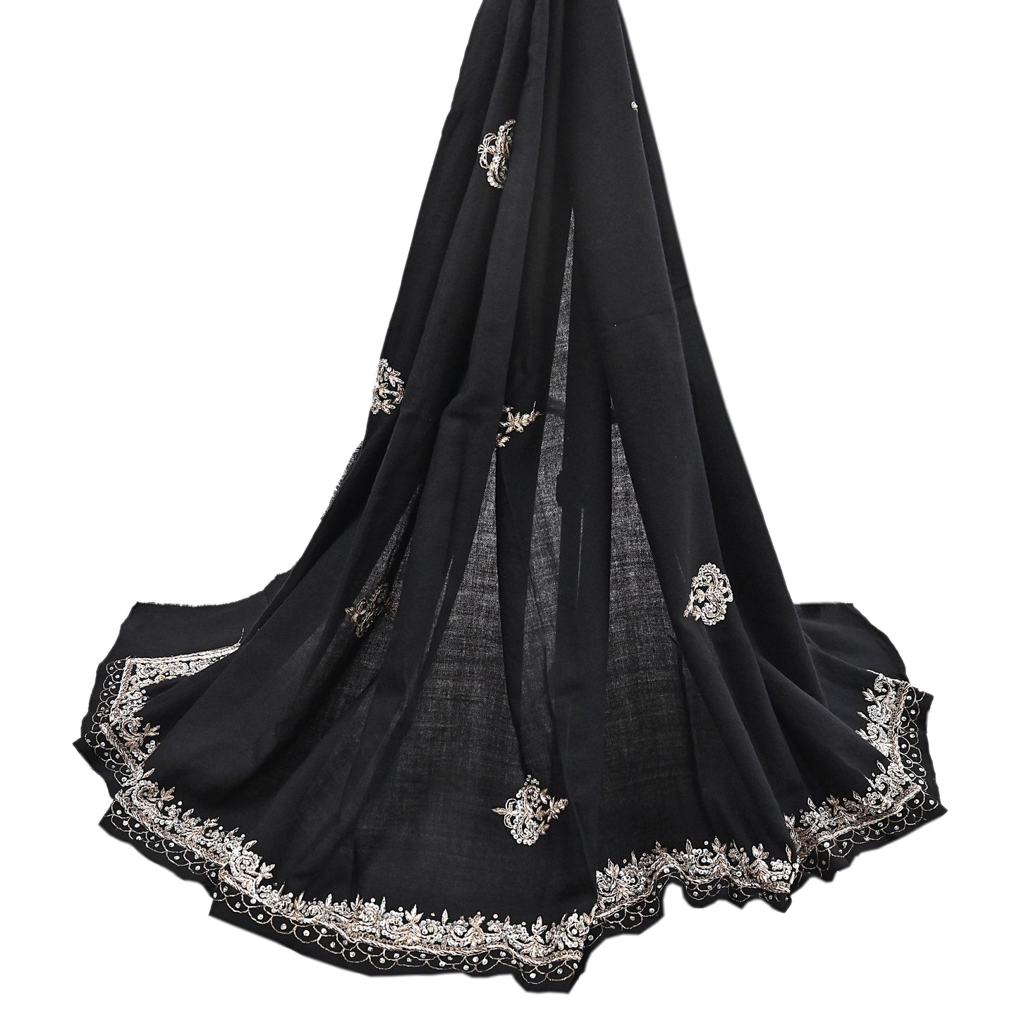 Vintage Shawl Black Pure Woolen Shawl Handmade Embroidered Long Throw Stole Warm Stole Floral Design Zardozi/dabka