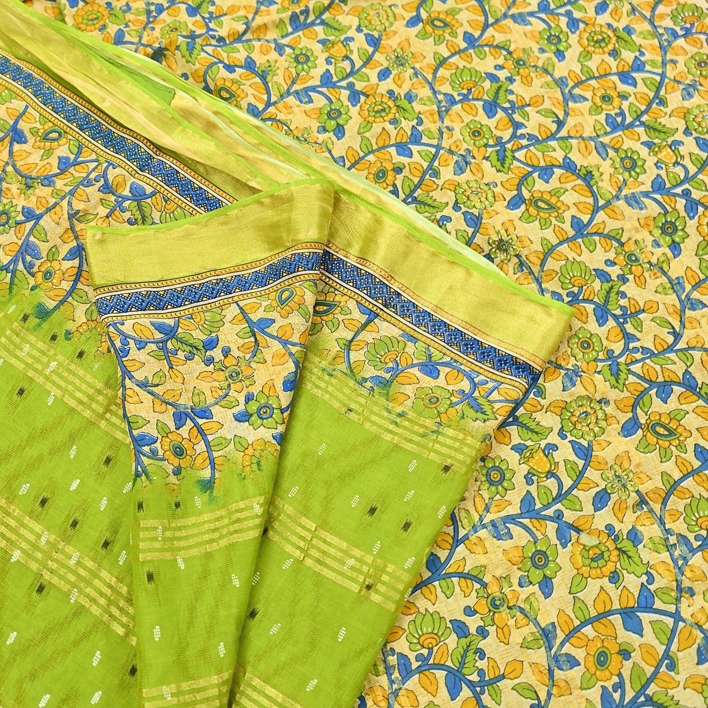 Indian Vintage Green & Beige Sarees Pure Cotton Printed Sari 5yd Sewing Craft Fabric DressMaking Soft Crafting Quilting Upcycle