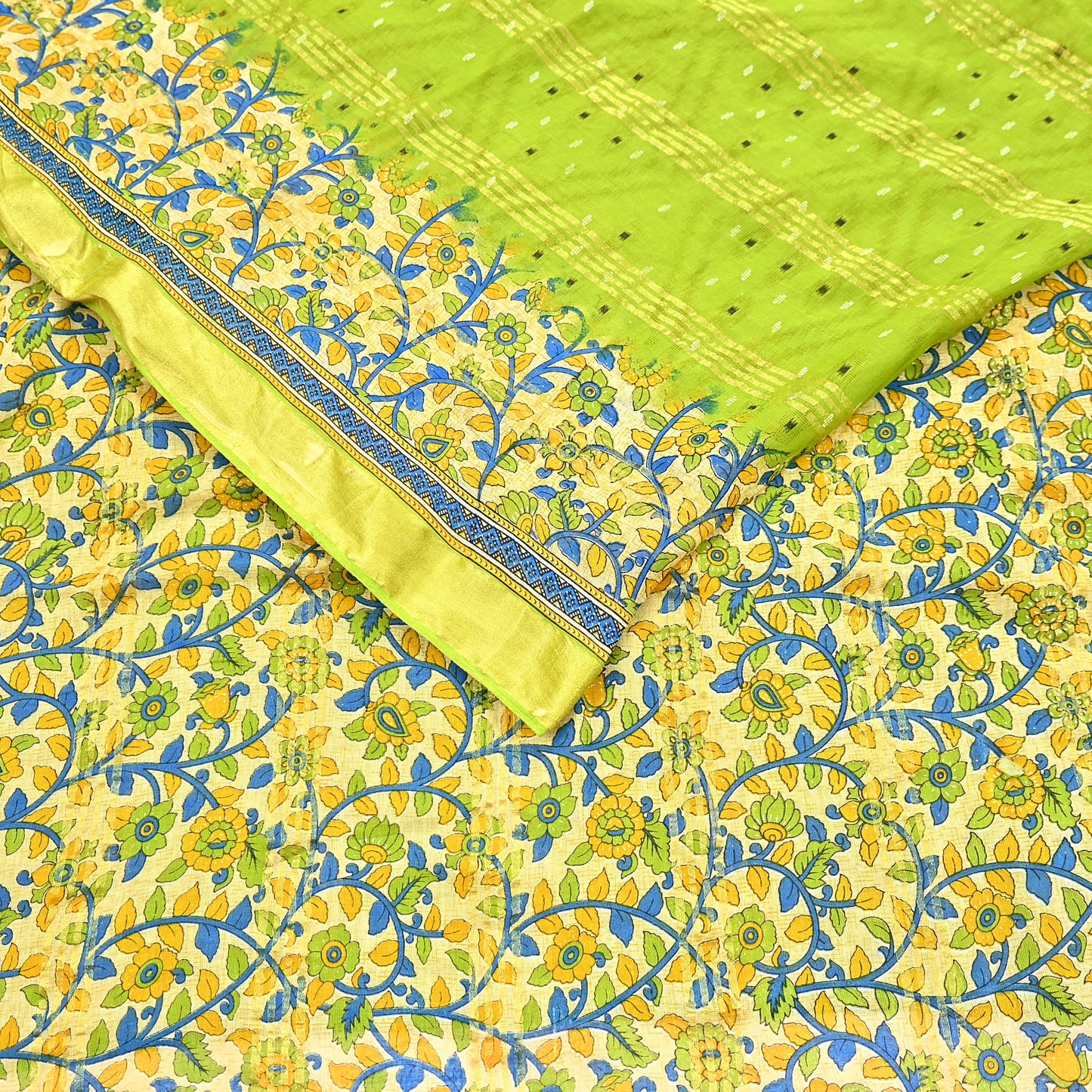 Indian Vintage Green & Beige Sarees Pure Cotton Printed Sari 5yd Sewing Craft Fabric DressMaking Soft Crafting Quilting Upcycle