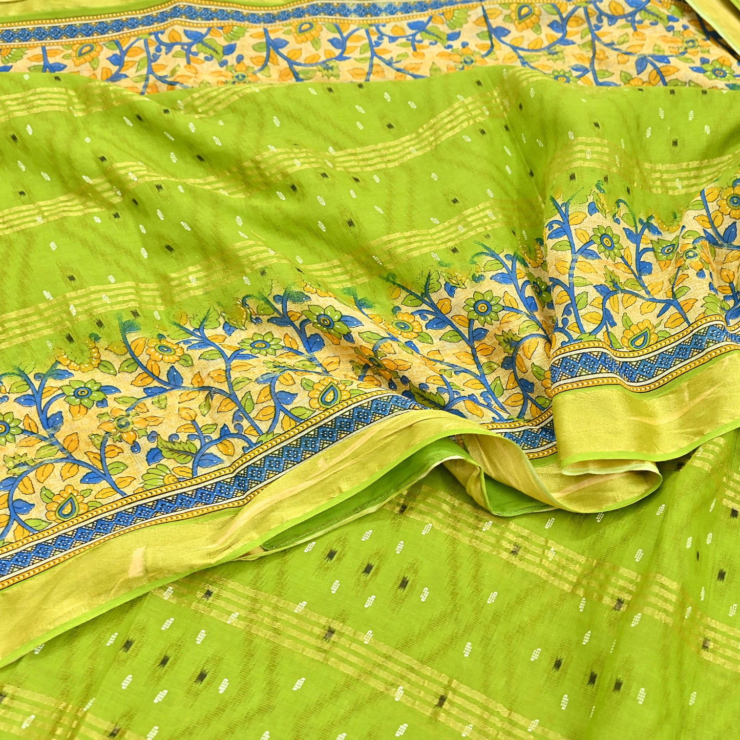 Indian Vintage Green & Beige Sarees Pure Cotton Printed Sari 5yd Sewing Craft Fabric DressMaking Soft Crafting Quilting Upcycle