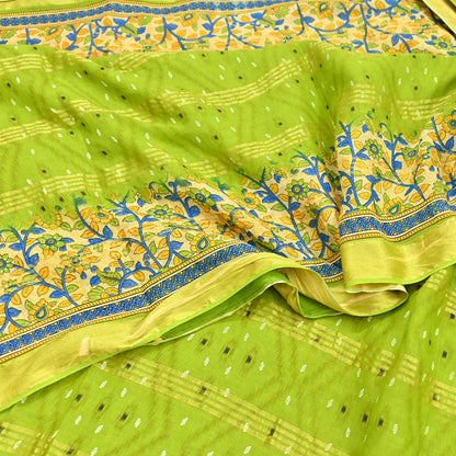Indian Vintage Green & Beige Sarees Pure Cotton Printed Sari 5yd Sewing Craft Fabric DressMaking Soft Crafting Quilting Upcycle