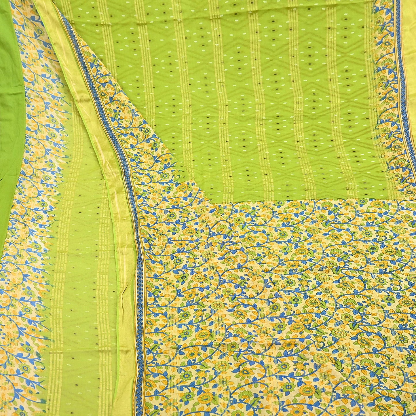 Indian Vintage Green & Beige Sarees Pure Cotton Printed Sari 5yd Sewing Craft Fabric DressMaking Soft Crafting Quilting Upcycle