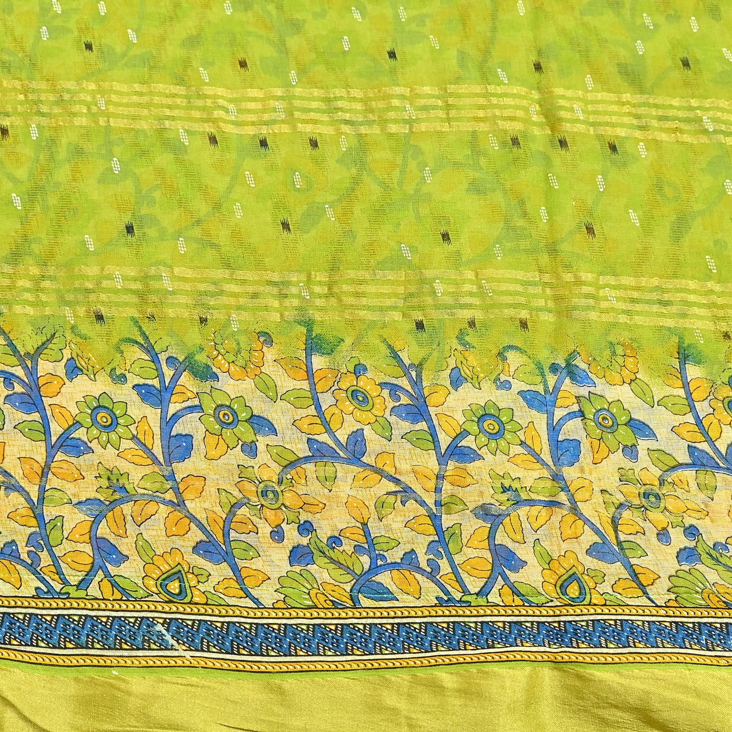 Indian Vintage Green & Beige Sarees Pure Cotton Printed Sari 5yd Sewing Craft Fabric DressMaking Soft Crafting Quilting Upcycle